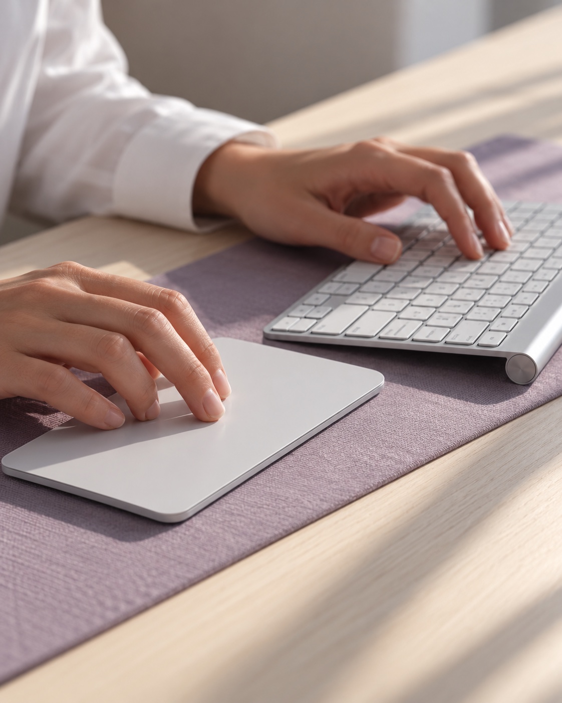 Hands at a keyboard in a light creative workspace, an illustrative editorial scene