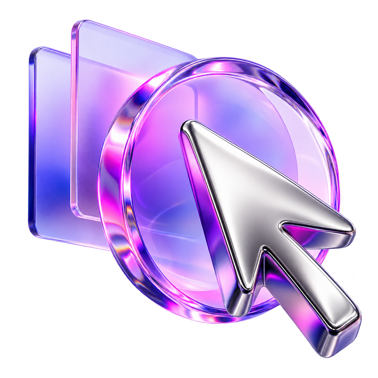 Dimensional silver cursor and violet glass layers representing digital design